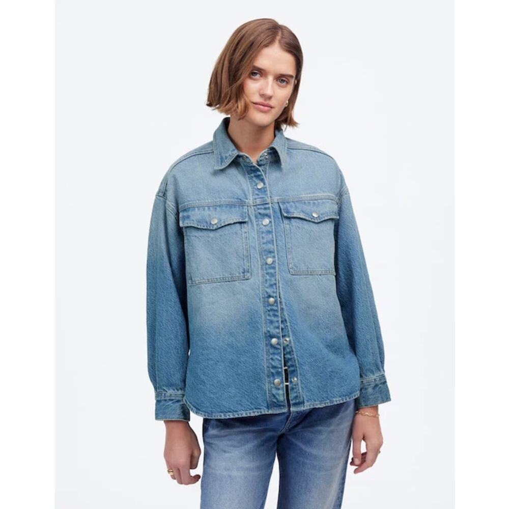 Madewell Denim Boxy Shirt Jacket Maspeth Wash Size Large NU401 - Picture 2 of 13